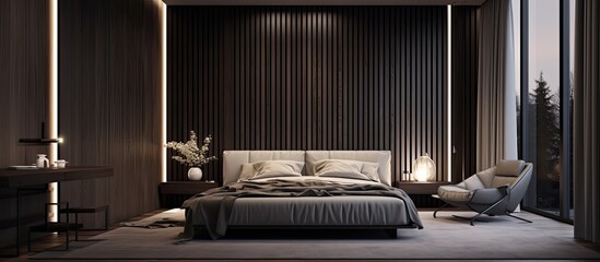 Wall Mural - The apartments interior design has dark tones minimal style dark wood materials gray upholstered furniture large windows sheer curtains and a the bedroom