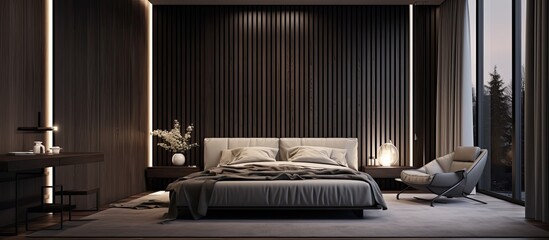 The apartments interior design has dark tones minimal style dark wood materials gray upholstered furniture large windows sheer curtains and a the bedroom