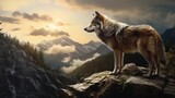 A captivating composition showcasing a lone wolf traversing a rugged wilderness landscape, background image, AI generated