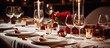 Luxury hotel restaurant serving dinner for wedding party at a table