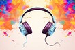 Music with headphones on abstract background