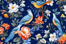 Victorian Decorative Background. Illustration With Birds, White And Red Flowers On Navy Blue Backdrop