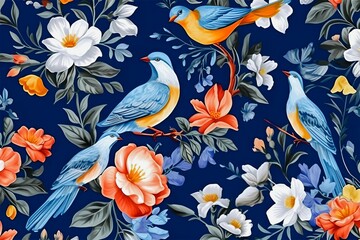 Victorian decorative background. Illustration with birds, white and red flowers on navy blue backdrop