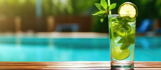 Wall Mural - Refreshing cocktail with eco straw on table near pool in all inclusive hotel