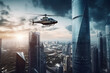 a skyscraper on a city with a helicopter 
