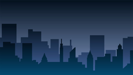 Wall Mural - City landscape vector illustration in the night. Urban silhouette with skyline building and clear night sky. Cityscape landscape for background, wallpaper or landing page