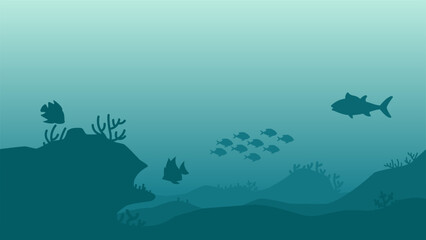 Sticker - Underwater landscape vector illustration. Deep sea landscape with fish, coral reef and bubbles. Sea world silhouette landscape for background, wallpaper or landing page