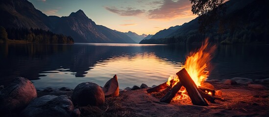 Wall Mural - Lake and mountain campfire