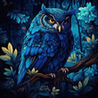  A dark azure owl clings to a mossy branch
