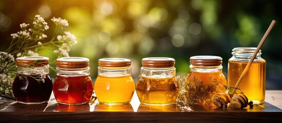 Wall Mural - Various sizes of glass containers filled with assortments of fresh raw honey displayed on an outdoor table at a farmers market