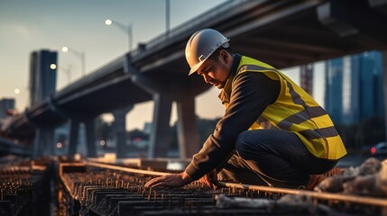 A real photo of The back of a male foreman inspects various objects at the construction site of new concrete roads and bridges that form the critical infrastructure of a big city.