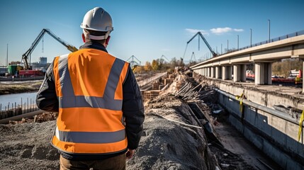 Wall Mural - A real photo of The back of a male foreman inspects various objects at the construction site of new concrete roads and bridges that form the critical infrastructure of a big city.