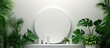Empty round product stand with glass shower screen and green plant Natural beauty concept Mock up Bathroom podium