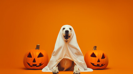 Funny dog wearing cute ghost halloween costume