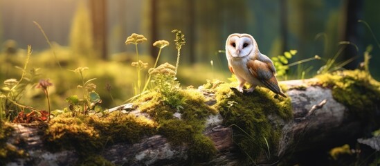 Photo of a barn owl Tyto alba on green moss stone in a forest at evening with wide lens capturing habitat and wildlife scene in nature