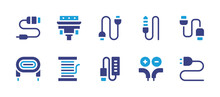 Cable Icon Set. Duotone Color. Vector Illustration. Containing Cable Reel, Power Cable, Usb Connection, Usb Connector, Cable, Vga Cable.