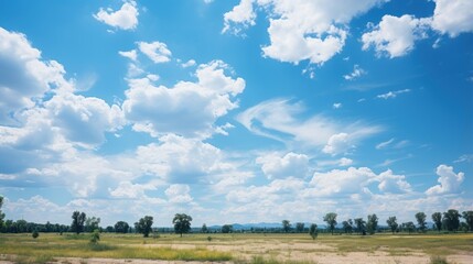 Wall Mural - Blue sky background with sun on green meadow