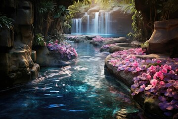 Poster - Crystalline rivers wind through a realm adorned in iridescent flora, jeweled petals gleaming.