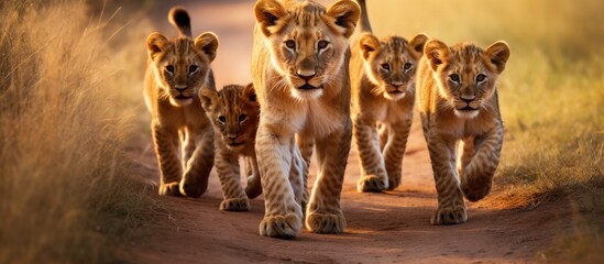 A bunch of lion cubs and lionesses are walking on a road in the savannah showing the beauty of the natural habitat and wildlife