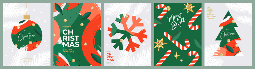 Wall Mural - merry christmas and happy new year greeting card set. modern xmas design with typography, beautiful 