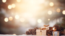 Christmas And New Year Background Gift Boxes And Pine Cones And Branches On The Background Of Bokeh Lights Generative With Ai