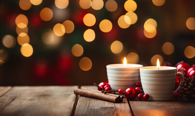 Wall Mural - Christmas candles on a rustic wooden background