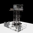 3D computer-rendered illustration of an abandoned shack on a tower.