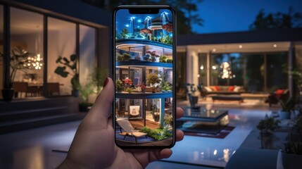 hand Man using mobile phone for smart home application with modern living room background