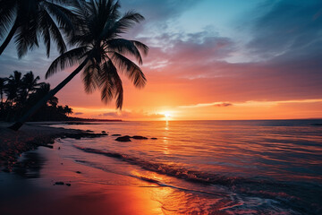 Wall Mural - Sunset on the beach with palm trees and rocks. Beautiful sunset on the beach.