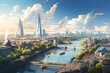 Panoramic view of London at sunset, United Kingdom. 3D rendering