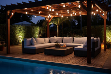 Luxury patio in the garden at night with wooden floor.