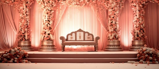 A stunning Indian wedding stage adorned with flowers and decor