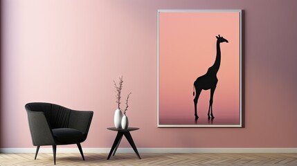 Poster -  a giraffe standing in a room with a pink wall.  generative ai