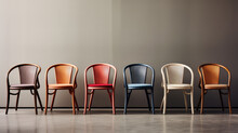 Row Of Trendy Chairs In A Row On Grey Wall Background, Interior Trend Design Concept