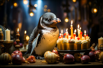 Poster - Penguin sitting in front of cake with lit candles.