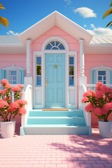 Sticker - Pink house with blue front door and pink flowers.