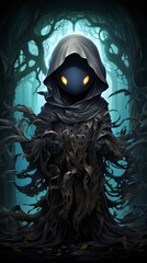 Poster - Image of hooded creature in forest with glowing eyes.