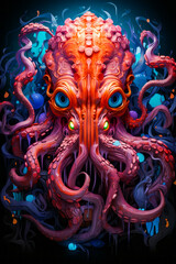 Sticker - Image of octopus with green eyes and red head.