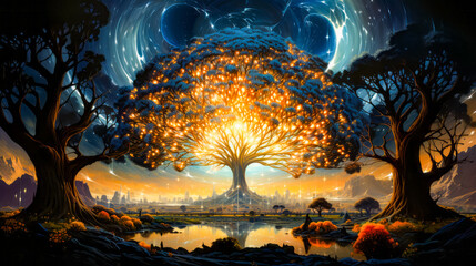 Wall Mural - Image of tree in the middle of lake.