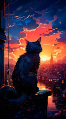 Sticker - Cat sitting on ledge looking at city at sunset.