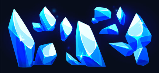 Wall Mural - Blue gemstone crystals isolated on black background. Vector cartoon illustration of sparkling diamonds or ice pieces, shimmering minerals, fantasy treasure cave or jewelry mine design elements