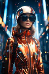 Poster - Woman wearing shiny orange jacket and sunglasses in futuristic city.