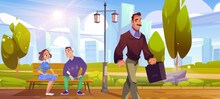 People In City Public Park With Green Trees In Spring Or Summer With High-rise Buildings On Background. Cartoon Landscape With Couple Sitting On Bench And Talking, And Business Man Walking Along Path.