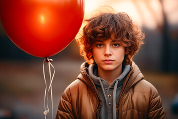 Sticker - Boy with red balloon in his hand and brown jacket.