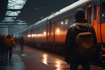 Canvas Print - Man with backpack is waiting for train.