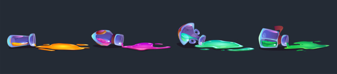 Aufkleber - Fallen glass tubes with spilled colored potions. Overturned bottles of witch or wizard glow magic elixir. Cartoon vector flask with puddle of spilt neon fantasy medicine or chemistry laboratory liquid