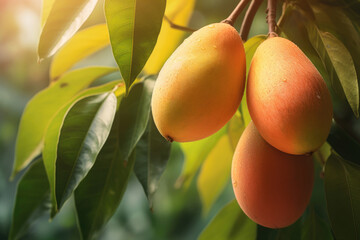 Wall Mural - Three ripe mangoes on a tree