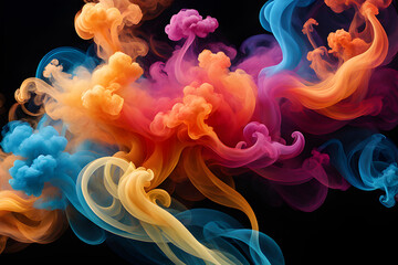 Wall Mural - Abstract colorful smoke swirls on black background