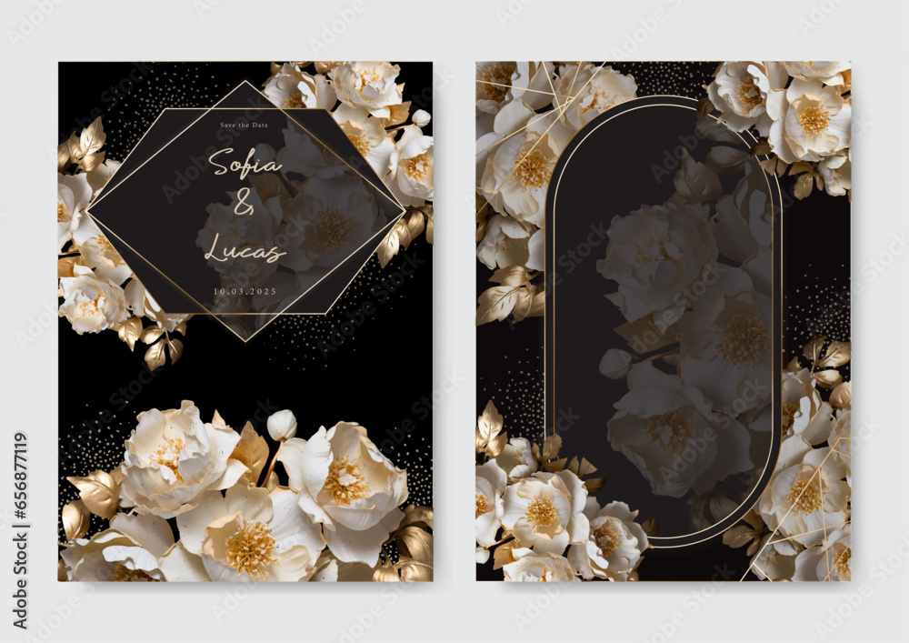 Set of elegant hand drawn white gold peony watercolor flowers wedding ...