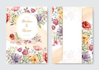 Wall Mural - Elegant watercolor purple buttercups and red poppy wedding invitation card template drawn floral set
